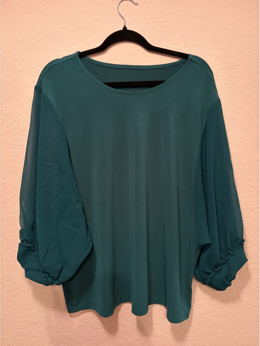 Plus Size Teal Blue Sheer Sleeve Blouse with Ruffle Cuffs - Picture 2 of 4